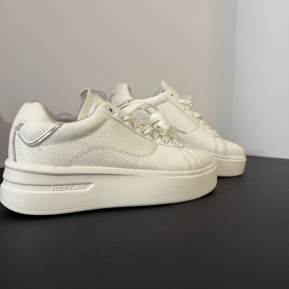 Replay White Platform Sneakers Monogram Embossed Low Top Size 6.5 EUR 37